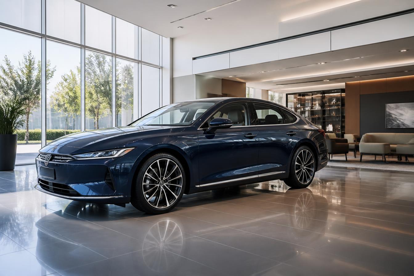 Modern car in a bright, professional dealership showroom