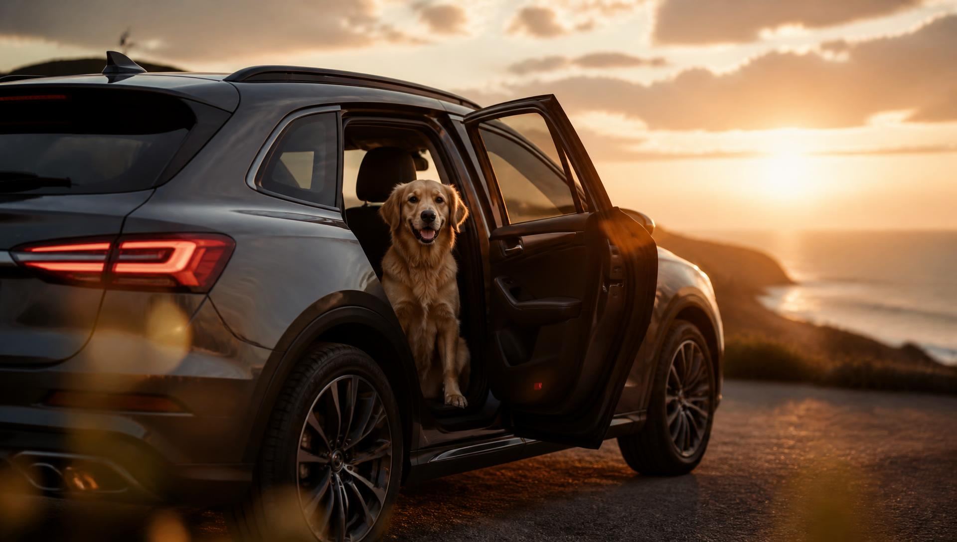 Golden retriever sitting in the open door of an SUV at sunset